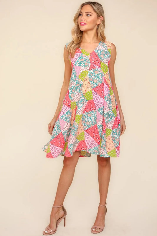 Full Size Babydoll Floral Patchwork Dress with Side Pockets in Peach/Sage - product view 1