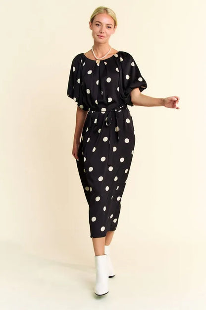 Polka Dot Puff Sleeves Waist Tie Midi Dress in Black - product view 9