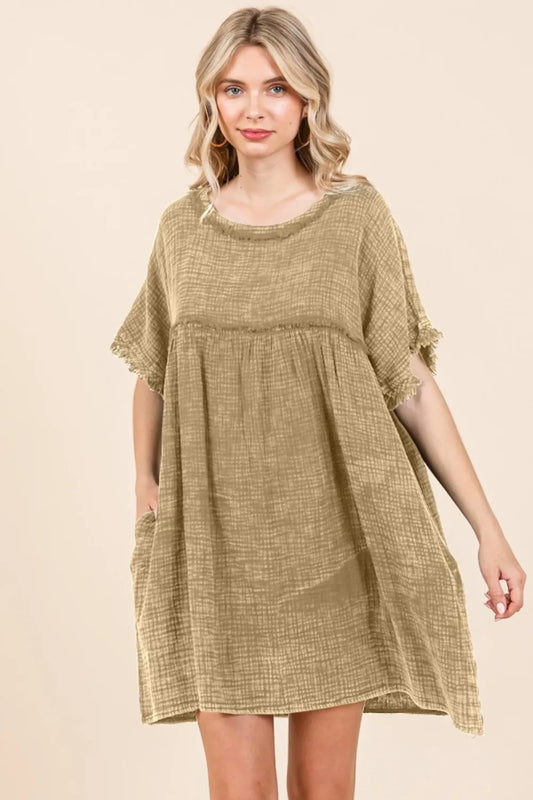Full Size Short Sleeve Babydoll Texture Dress with Pockets - Iced Coffee - product view 1