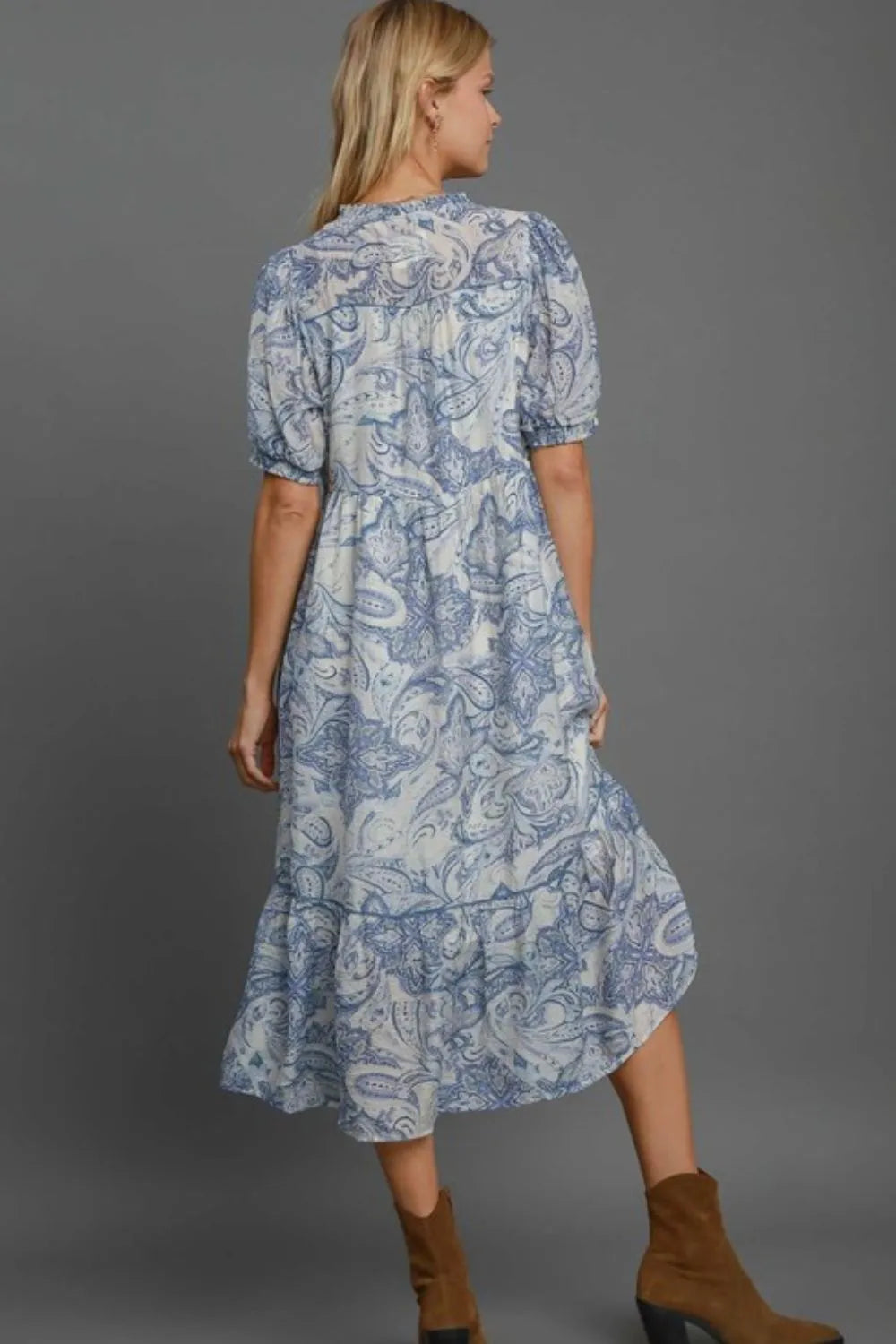 Full Size Printed Puff Short Sleeve Midi Dress Plus Size - Blue Mix - product view 3