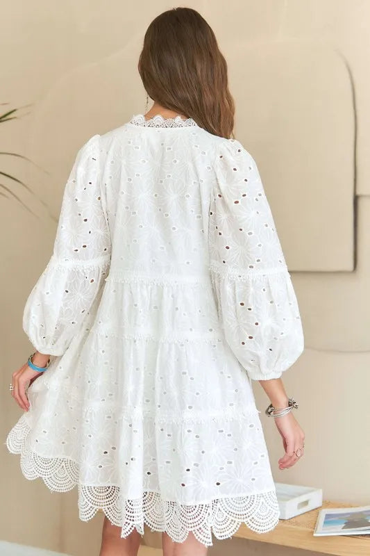 Lace Detail Tiered Eyelet V-Neck Babydoll Dress in White - product view 6