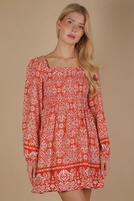 Printed Smocked Chest Boho Mini Dress - Rust - product view 2