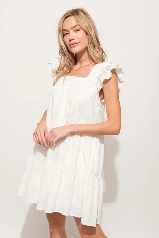 Origami Pleating Ruffled Sleeve Tiered Dress in Off White - product view 4