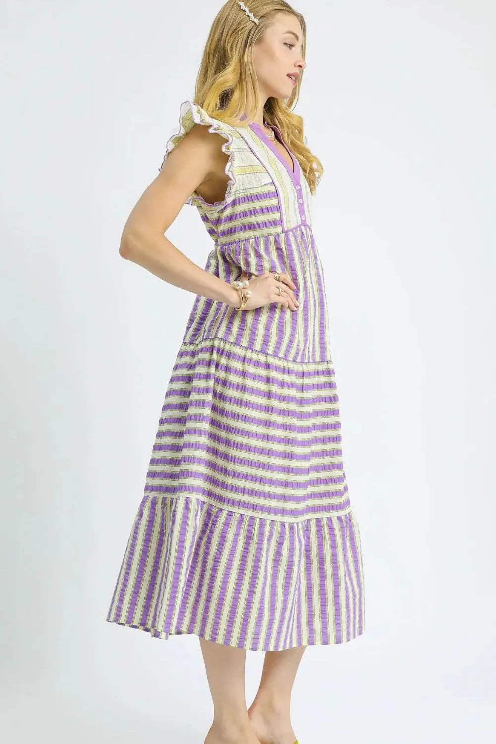 Striped Ruffle Cap Sleeve Midi Dress in Heliotrope Purple - product view 3
