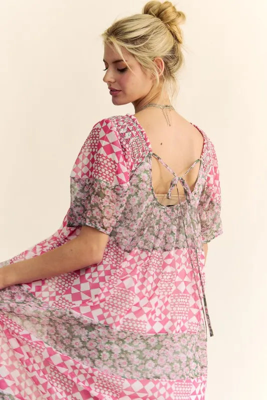 Multi Floral Square Neck Puff Sleeve Maxi Dress in Indian Pink - product view 6