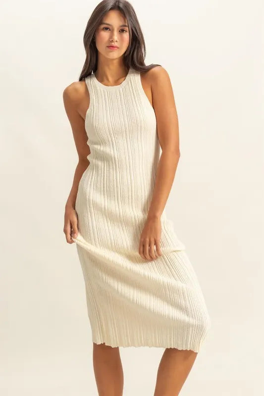 Round Neck Bodycon Ribbed Knit Dress - White - product view 1