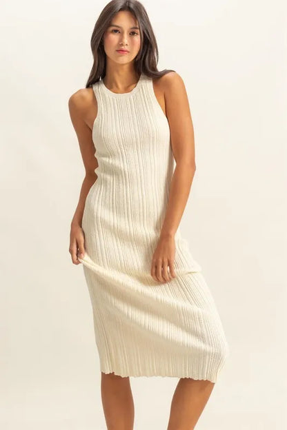 Round Neck Bodycon Ribbed Knit Dress - White - product view 1