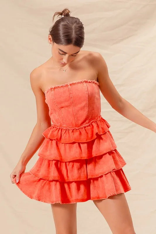 Strapless Ruffle Layered Game Day Cheer Up Dress - Orange - product view 1