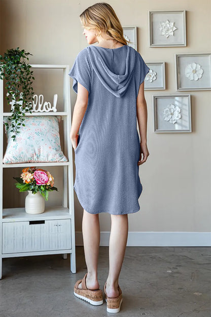Full Size Ribbed Short Sleeve Hooded Dress in Denim Vintage - product view 3