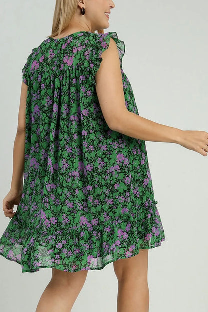 Full Size Smocked Detail Floral Metallic Ruffle Cap Sleeve Dress Plus Size - Dark Green - product view 5
