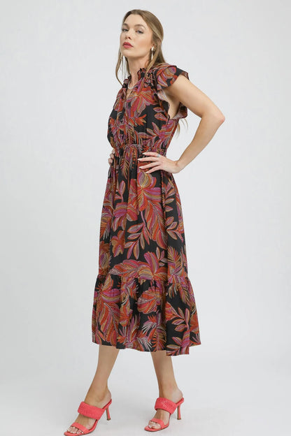Mix Ruffle Sleeve Tropical Midi Dress in Black Mix - product view 3