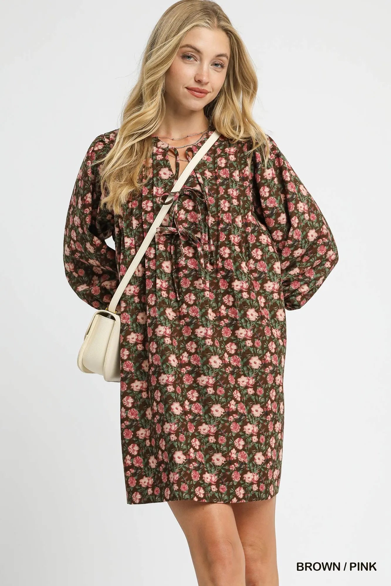 Floral Tie-Neck Babydoll Dress in Brown / Pink - product view 1
