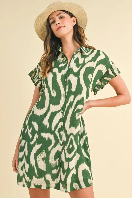 Abstract Printed Frill Sleeve Shirt Mini Dress in Green - product view 1