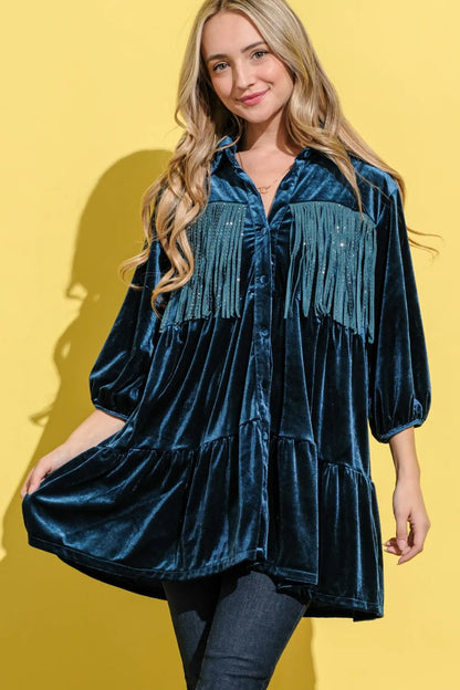 Fringe Detailed Velvet Shirt Dress in Teal - product view 1