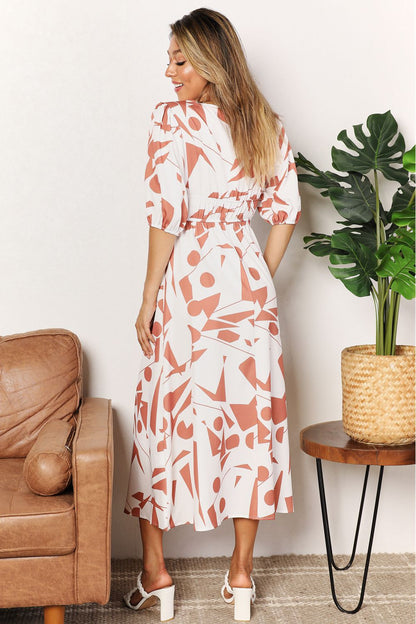 Printed Surplice Balloon Sleeve Dress in Camel and Black - product view 3