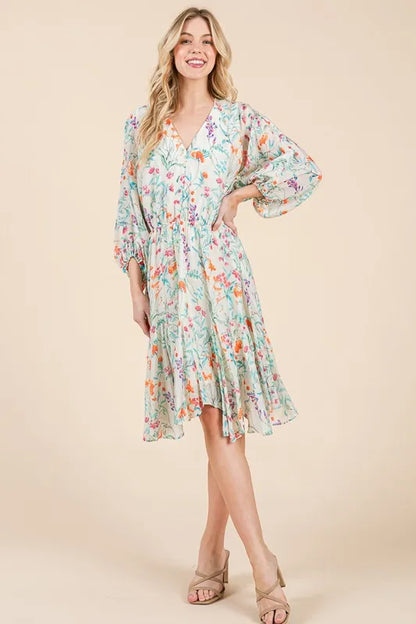 Floral Cinched Waist Balloon Sleeve V-Neck Dress in Ivory Floral - product view 13