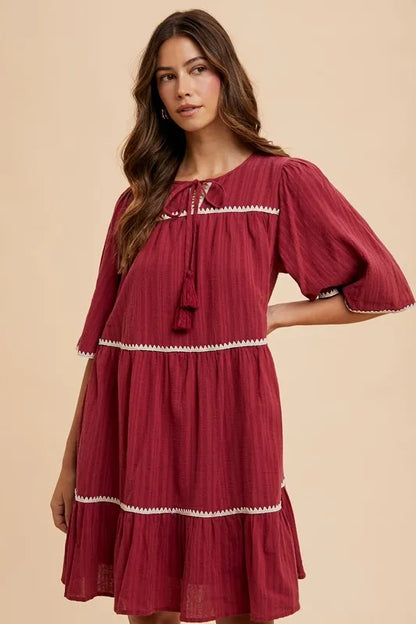 Tassel Contrast Trim Tie Neck Half Sleeve Tiered Dress - Burgundy - product view 1