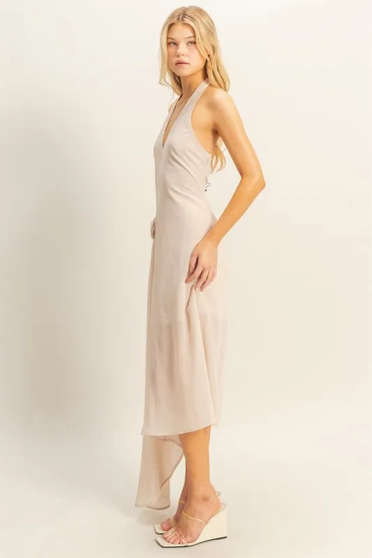 Chiffon Halter Asymmetrical Hem Dress - Champagne - product view 2