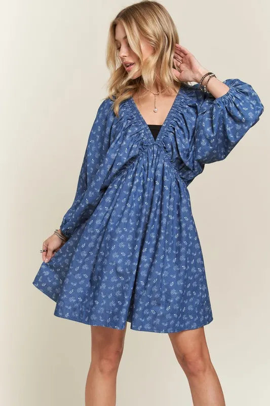 Batwing Sleeves Floral Dress in Denim/White - product view 4
