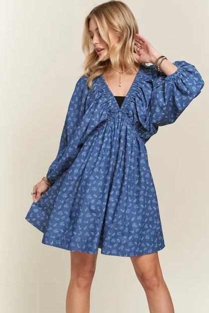 Batwing Sleeves Floral Dress in Denim/White - product view 4