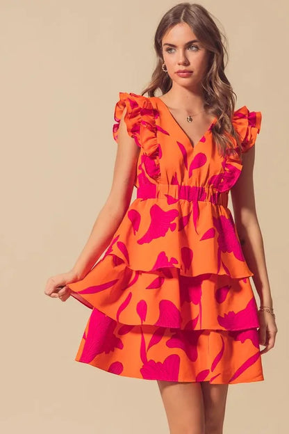 Floral V Neck Layered Dress with Elasticized Waist in Orange/Fuchsia - product view 9