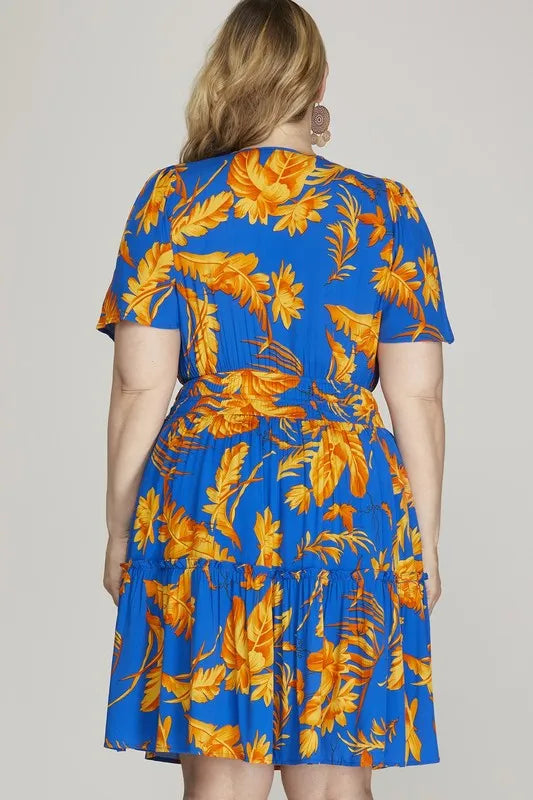Full Size Printed Notched Short Sleeve Frill Tiered Dress Plus Size - Royal Blue - product view 4