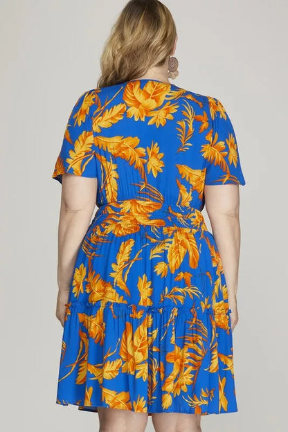 Full Size Printed Notched Short Sleeve Frill Tiered Dress Plus Size - Royal Blue - product view 4