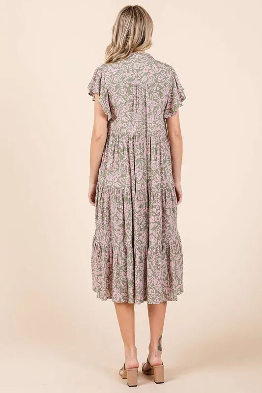 Abstract Print Ruffle Tier Midi Dress - Sage - product view 5