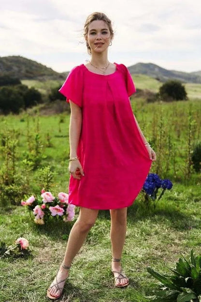 Textured Ruffle Boat Neck Shift Dress in Fuchsia - product view 6