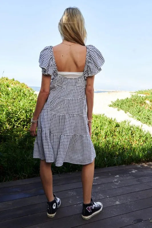 Jacquard V-Neck Flutter Cap Sleeve Tiered Dress in Black Ivory - product view 9