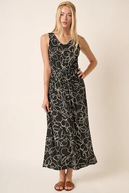 Side Slit Flower Print V-Neck Sleeveless Dress in Black - product view 1