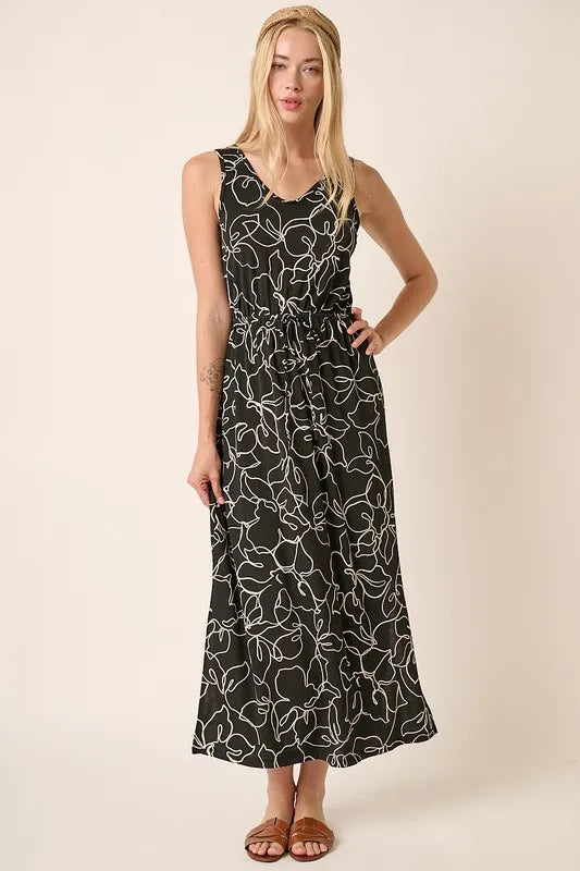 Side Slit Flower Print V-Neck Sleeveless Dress in Black - product view 1
