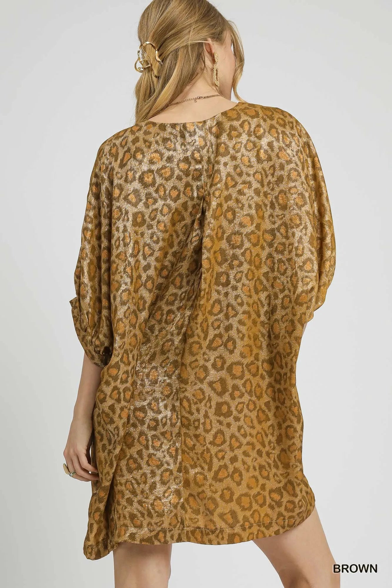 Metallic Leopard Print V-Neck Kimono Dress - Brown - product view 3