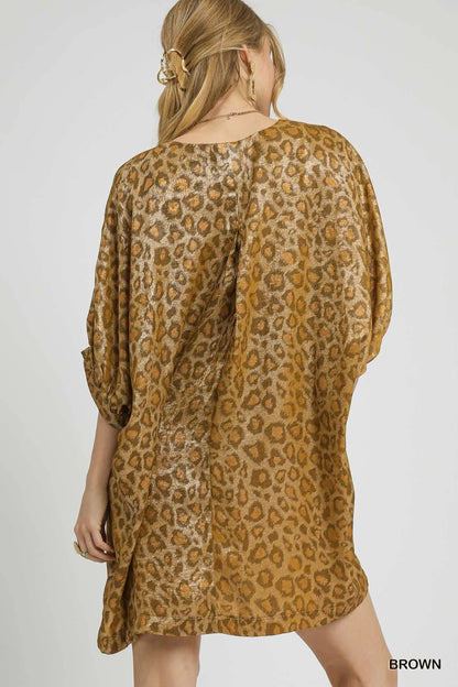 Metallic Leopard Print V-Neck Kimono Dress - Brown - product view 3