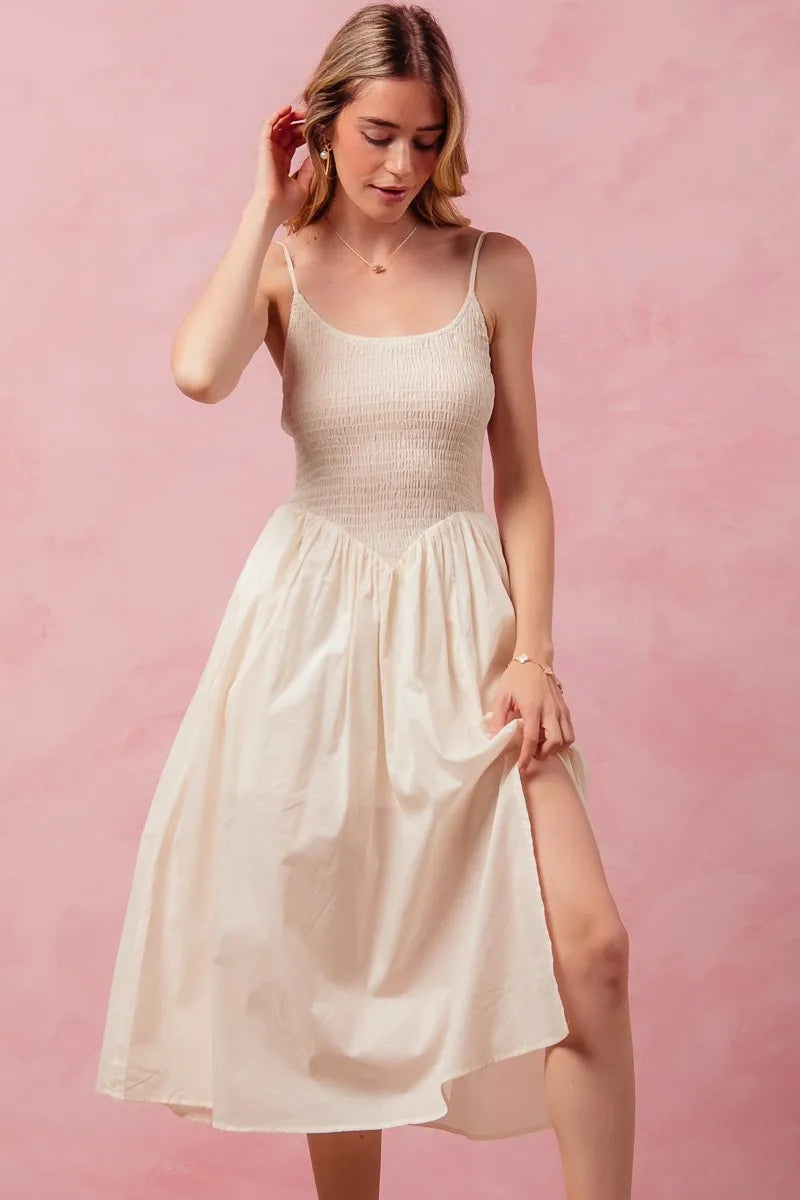 Smocked Sleeveless Casual Everyday Dress With Slit - Cream - product view 4