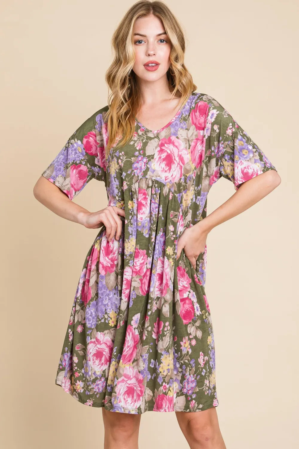 Flower Print V-Neck Ruched Dress in Floral - product view 3