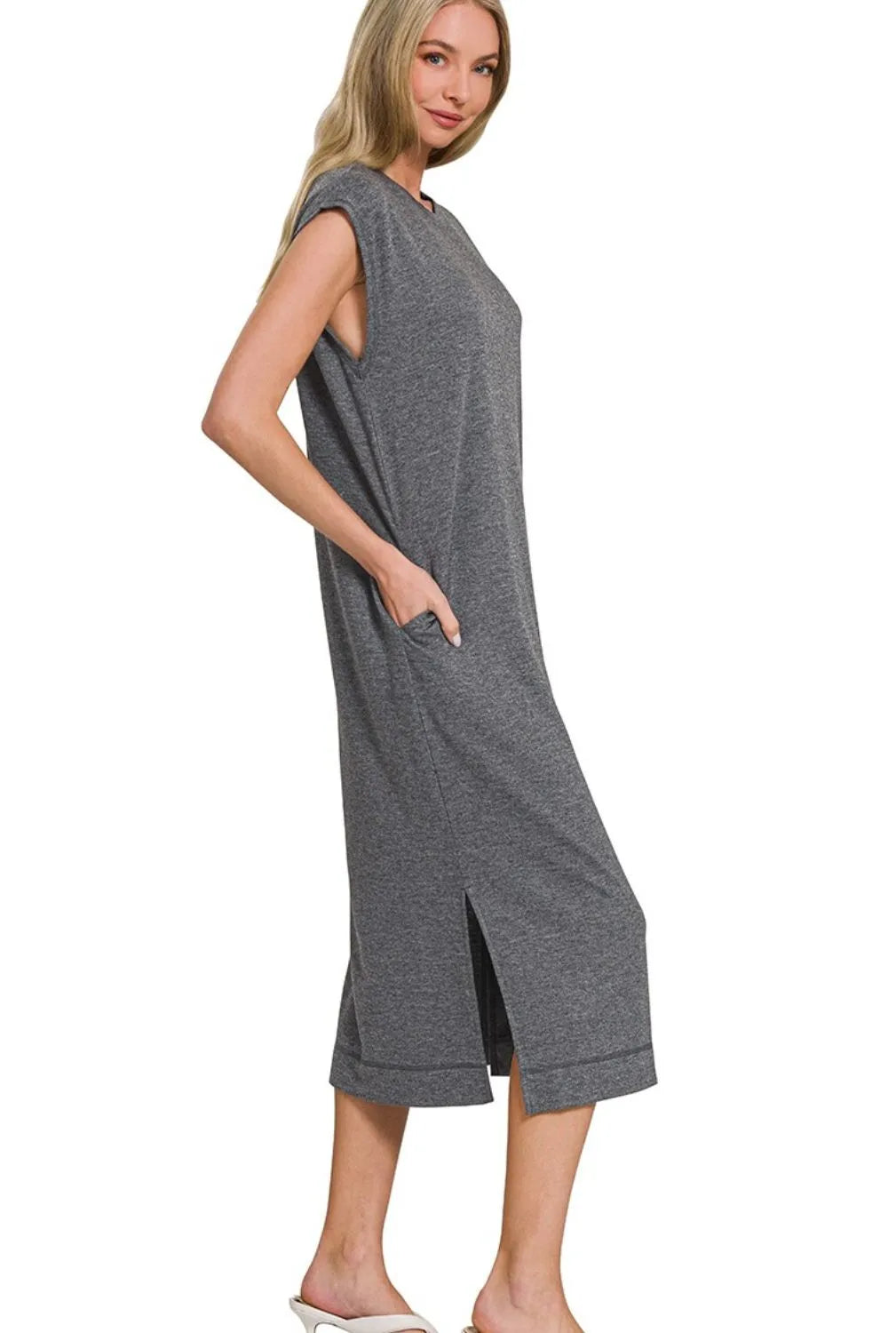French Terry Sleeveless Round Neck Midi Dress - Black - product view 2