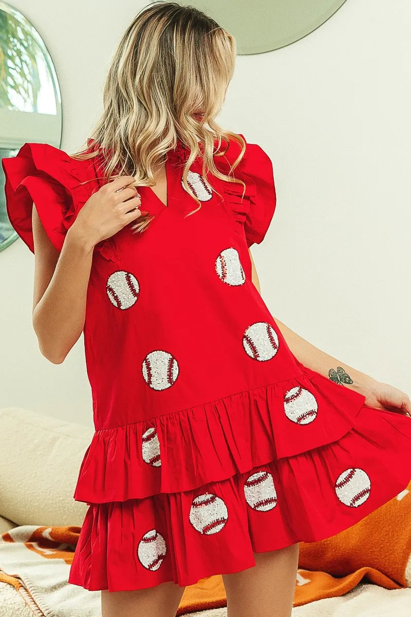 Sequins Baseball Patch Gameday Dress in Red - product view 7