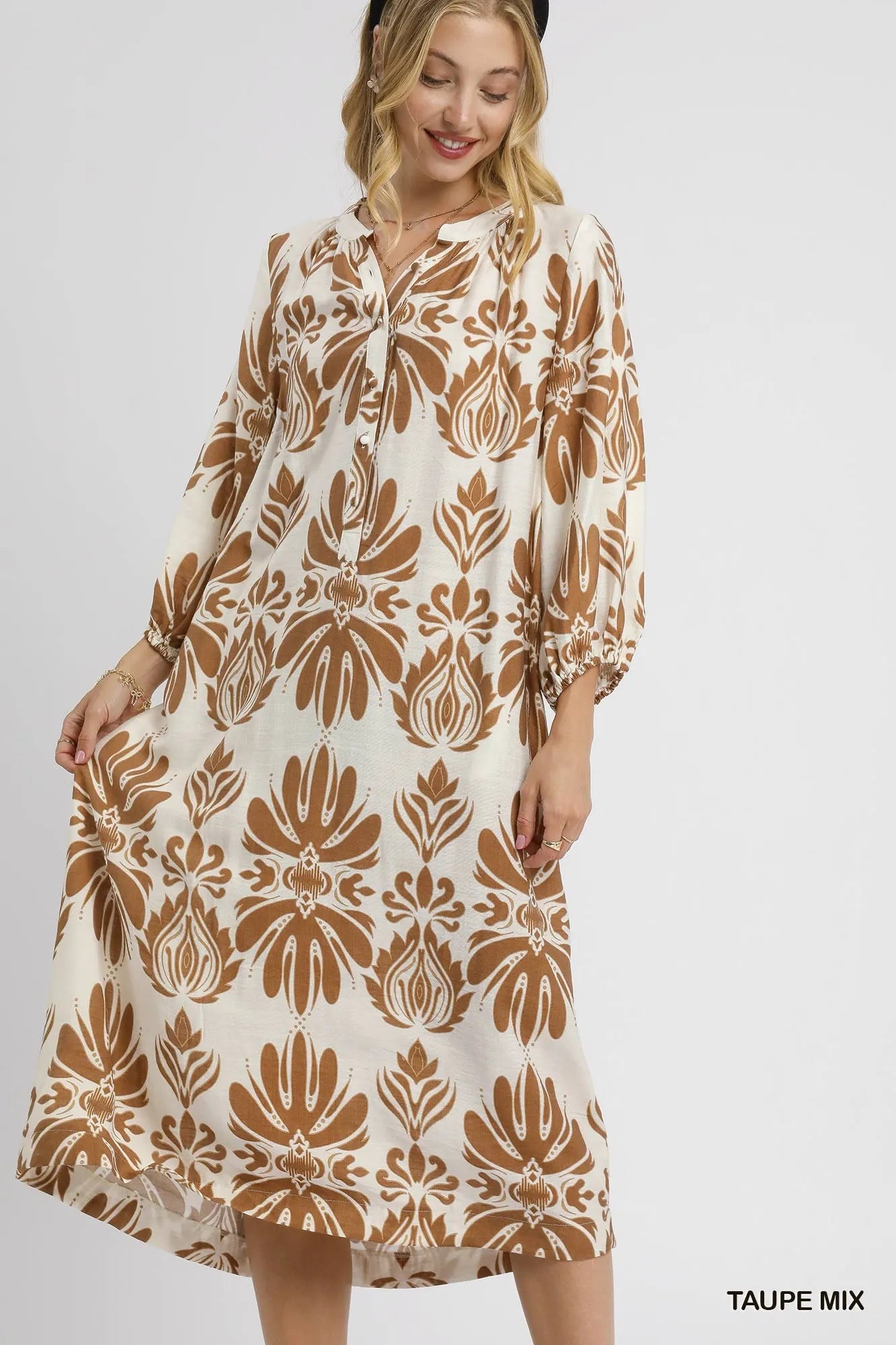 Mix Abstract Floral Print Midi Dress - Taupe Mix - product view 1