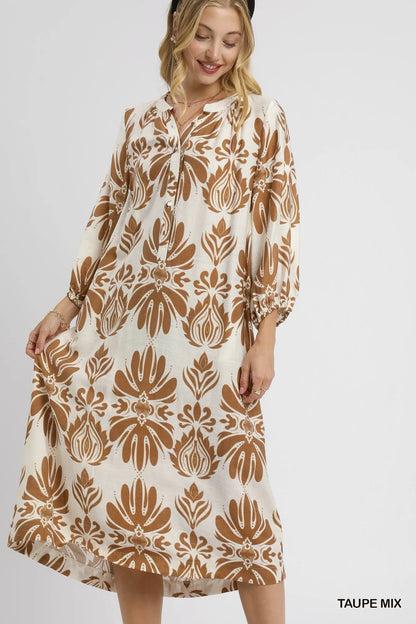 Mix Abstract Floral Print Midi Dress - Taupe Mix - product view 1
