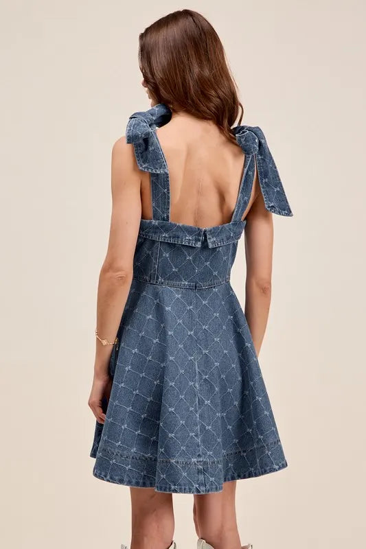 A-Line Fit and Flare Diamond Bow Ribbon Denim Dress - product view 3