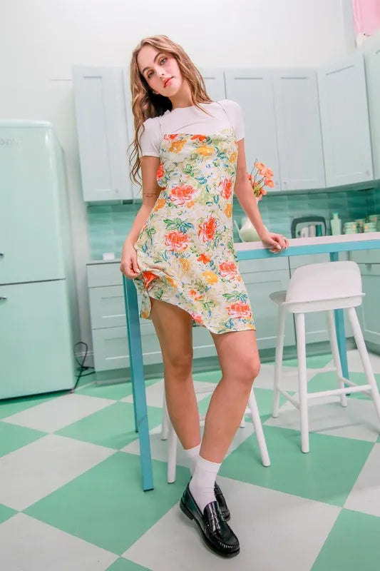 Floral Cowl Neck Flirty Satin Mini Dress - Apple Green - product view 7