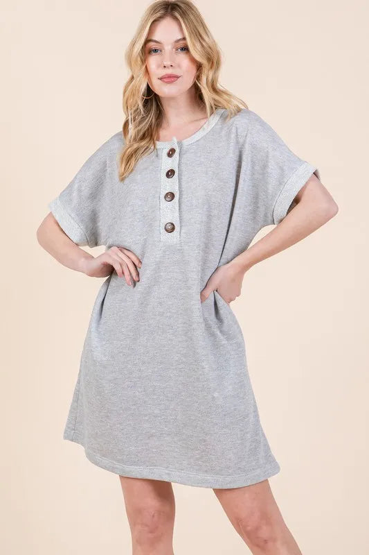 Casual Contrast Trim Henley Dress - Grey - product view 3