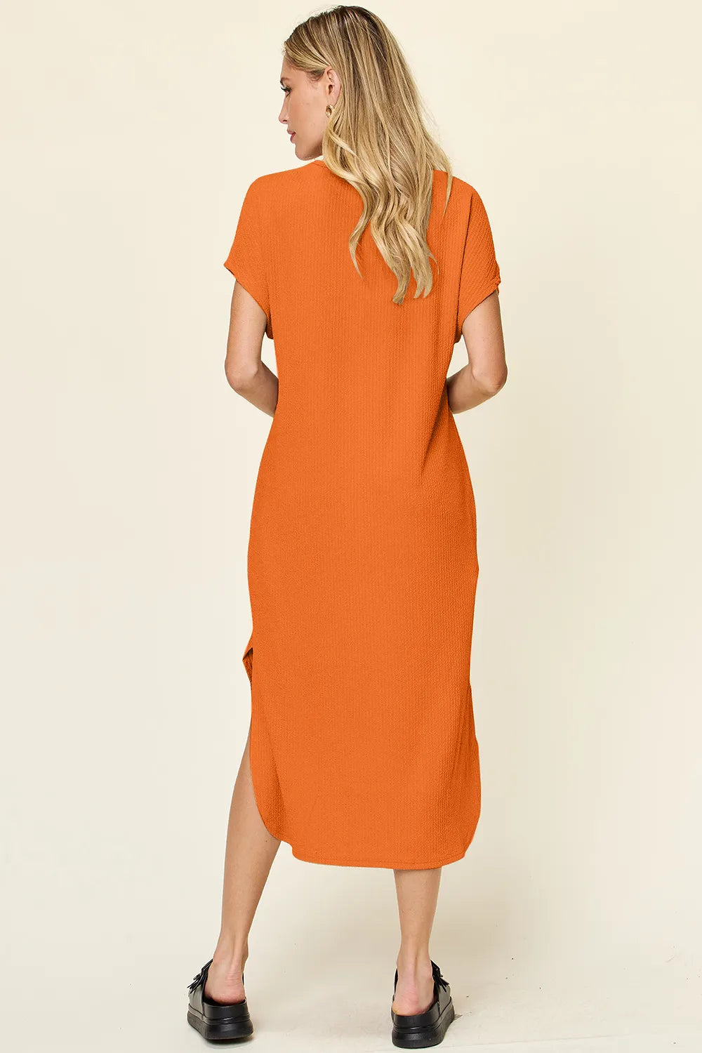 Full Size Round Neck Short Sleeve Slit Dress in Sky Blue and Tangerine - product view 7