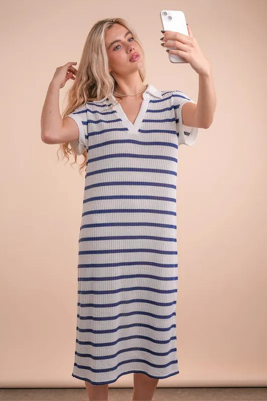Oversized Collared Striped Knit Midi Dress in White/Navy - product view 1