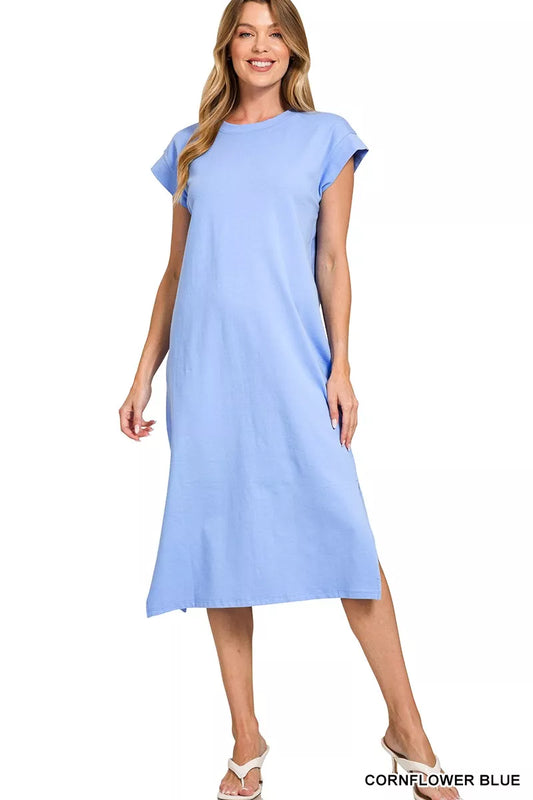 Round Neck Side Slit Midi Dress - Cornflower Blue - product view 1