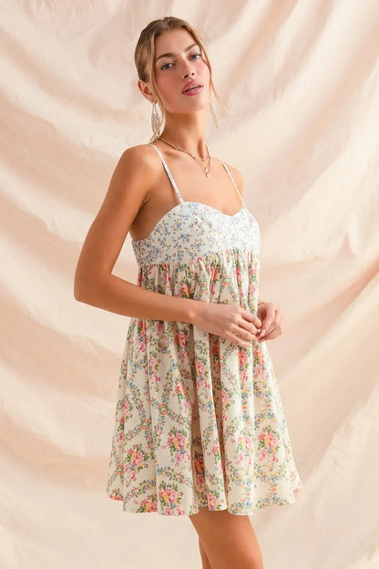 Mixed Floral Print Sleeveless Mini Dress in Cream Combo - product view 10