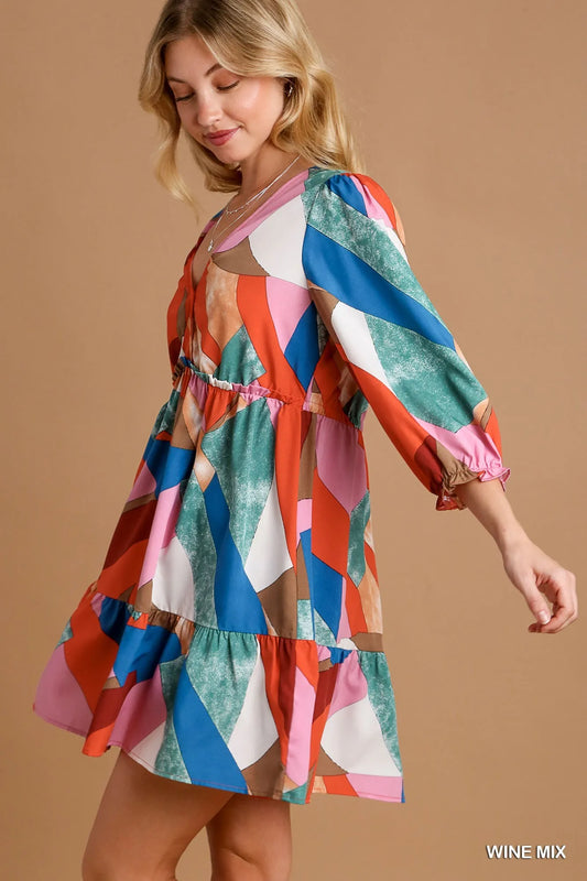 Abstract V-Neck Tiered Printed Dress - Wine Mix - product view 2