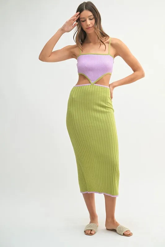 Ribbed Knit Color Block Cutout Midi Dress - Lime - product view 4
