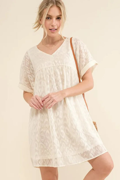 Woven Leopard Baby Doll Roll-Sleeve Casual Dress - White - product view 2
